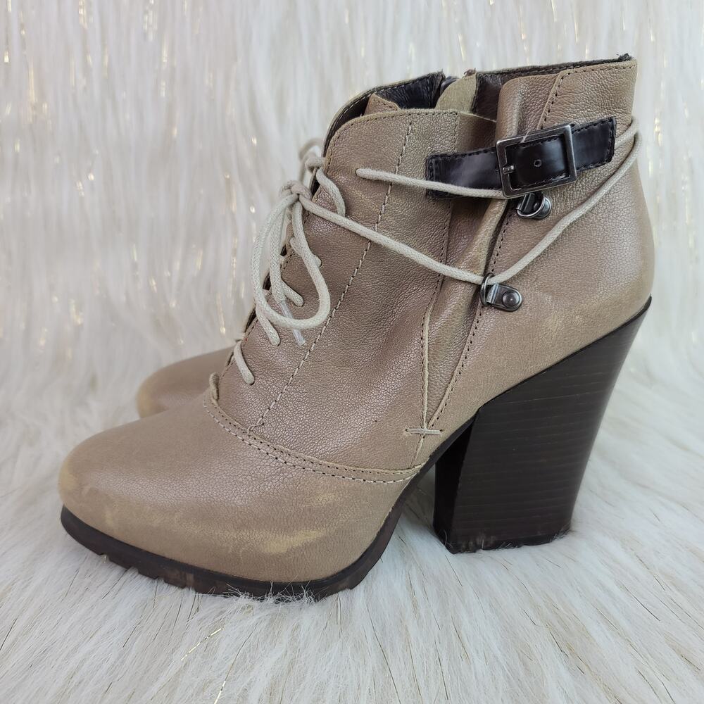 Bacio 61 Presanti Taupe Leather Ankle Boots Booties Block Heel Sz 7 - Picture 3 of 8